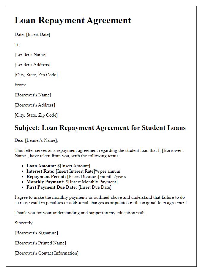 Letter template of loan repayment agreement for student loans.