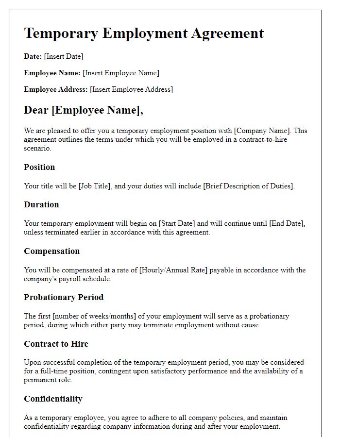 Letter template of temporary employment agreement for contract-to-hire scenarios