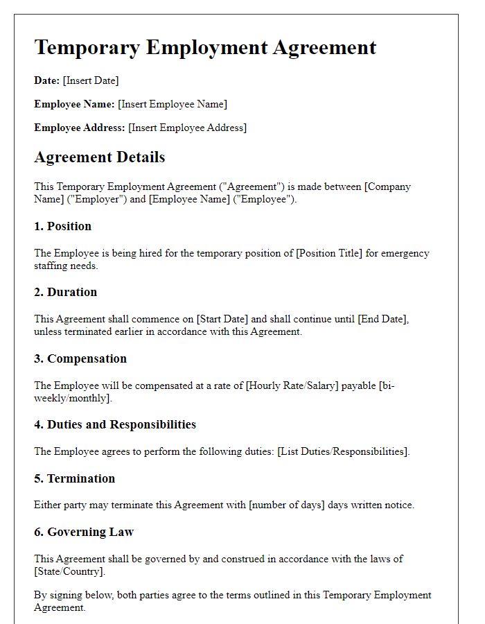 Letter template of temporary employment agreement for emergency staffing needs