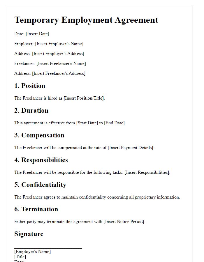 Letter template of temporary employment agreement for freelance contracts