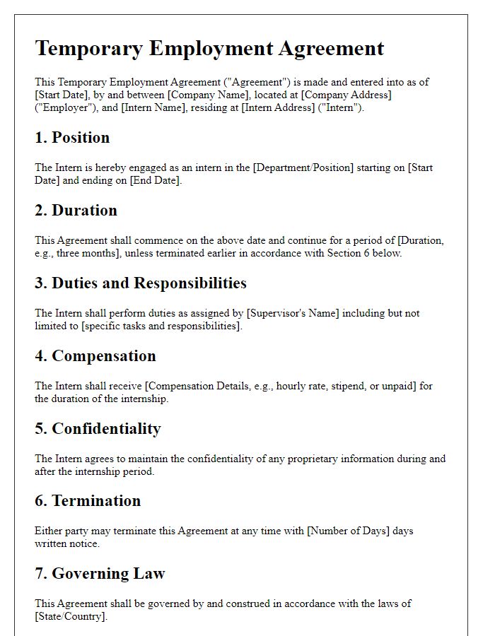 Letter template of temporary employment agreement for internship positions