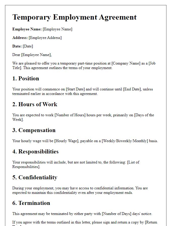 Letter template of temporary employment agreement for part-time positions