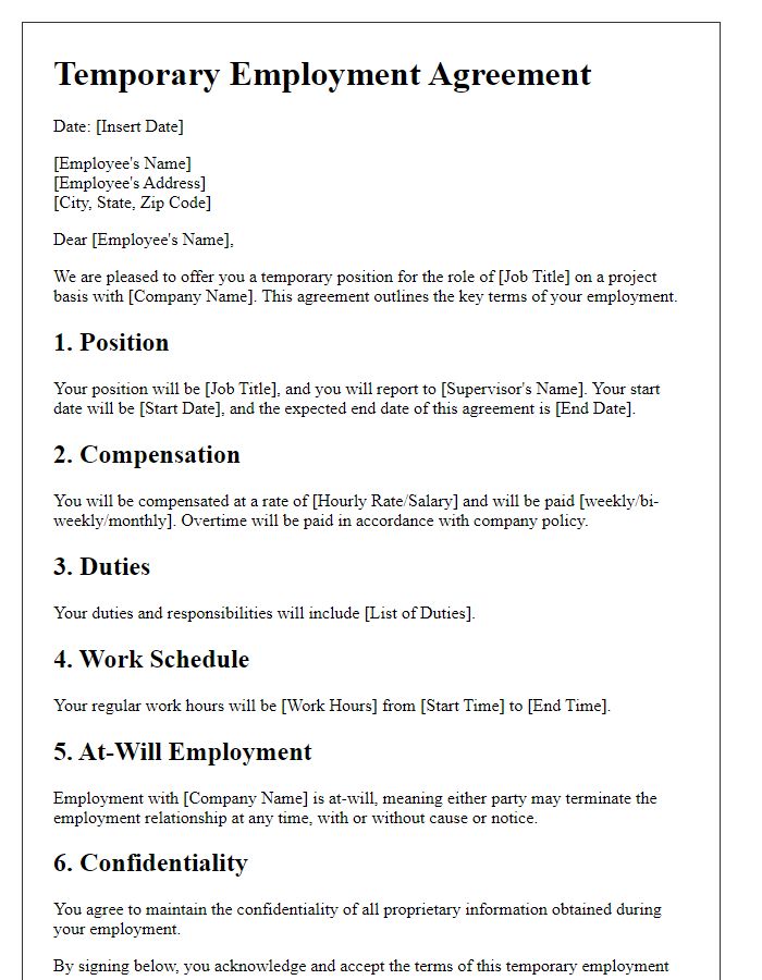 Letter template of temporary employment agreement for project-based roles