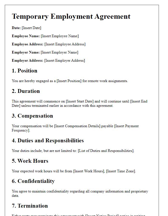 Letter template of temporary employment agreement for remote work assignments