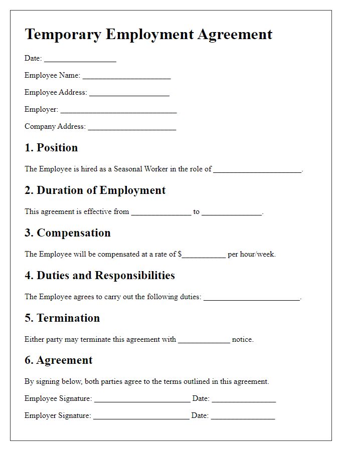 Letter template of temporary employment agreement for seasonal workers