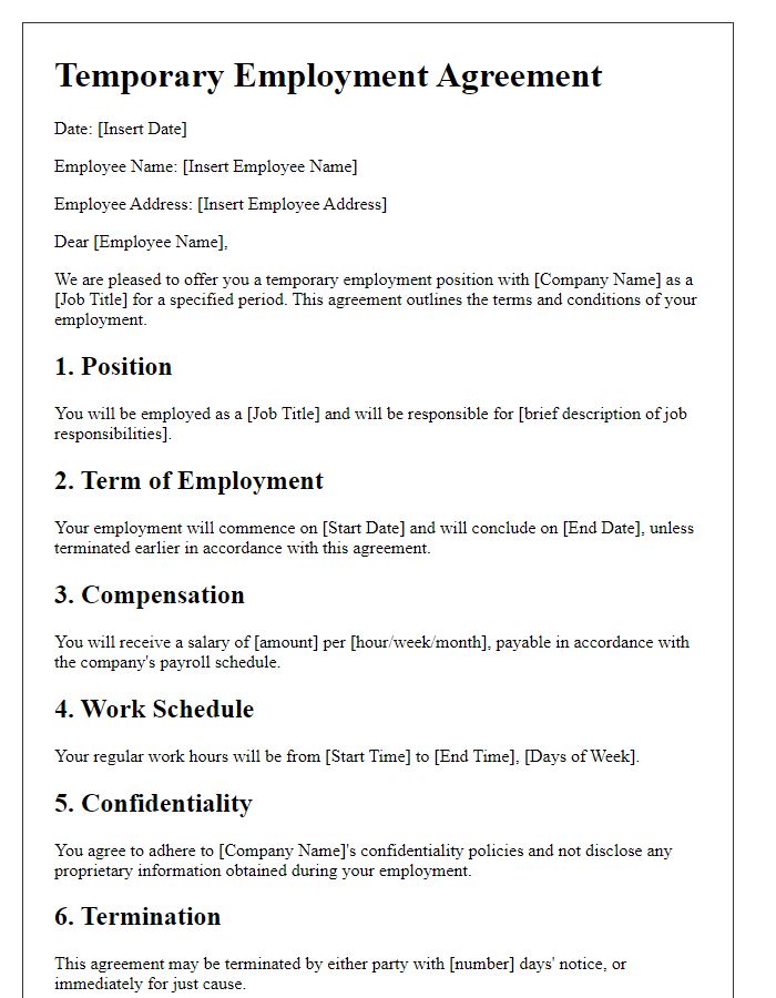 Letter template of temporary employment agreement for specialized skill sets