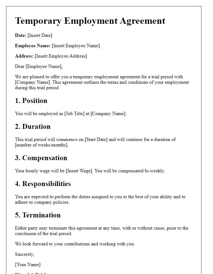 Letter template of temporary employment agreement for trial periods