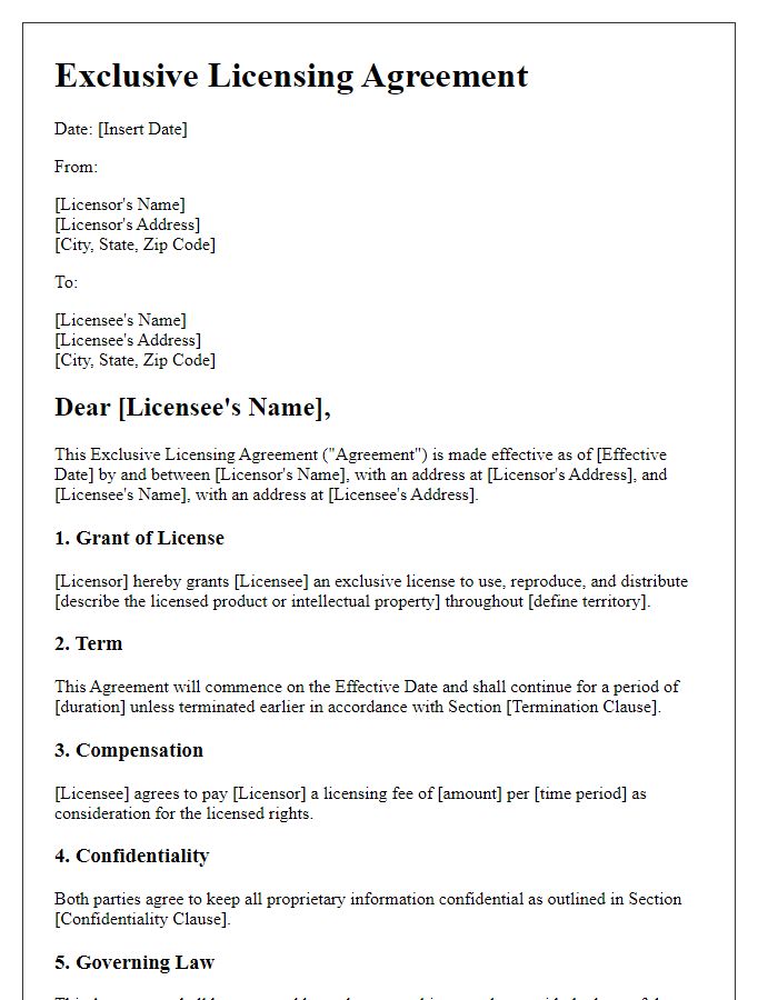 Letter template of Exclusive Licensing Agreement