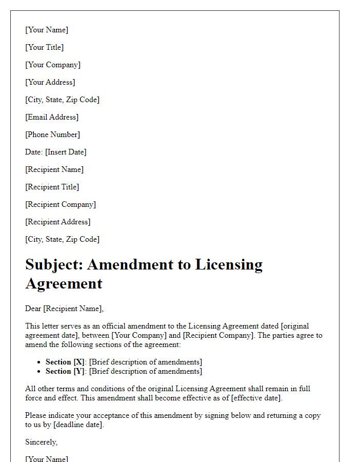 Letter template of Licensing Agreement Amendment