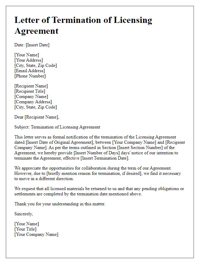 Letter template of Licensing Agreement Termination