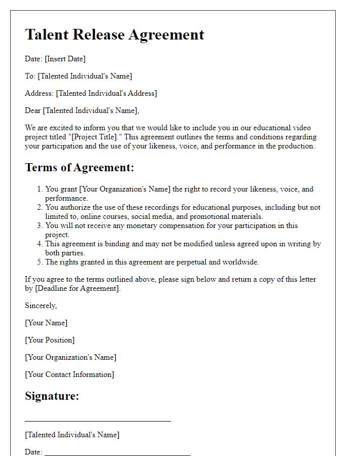 Letter template of Talent Release Agreement for Educational Videos