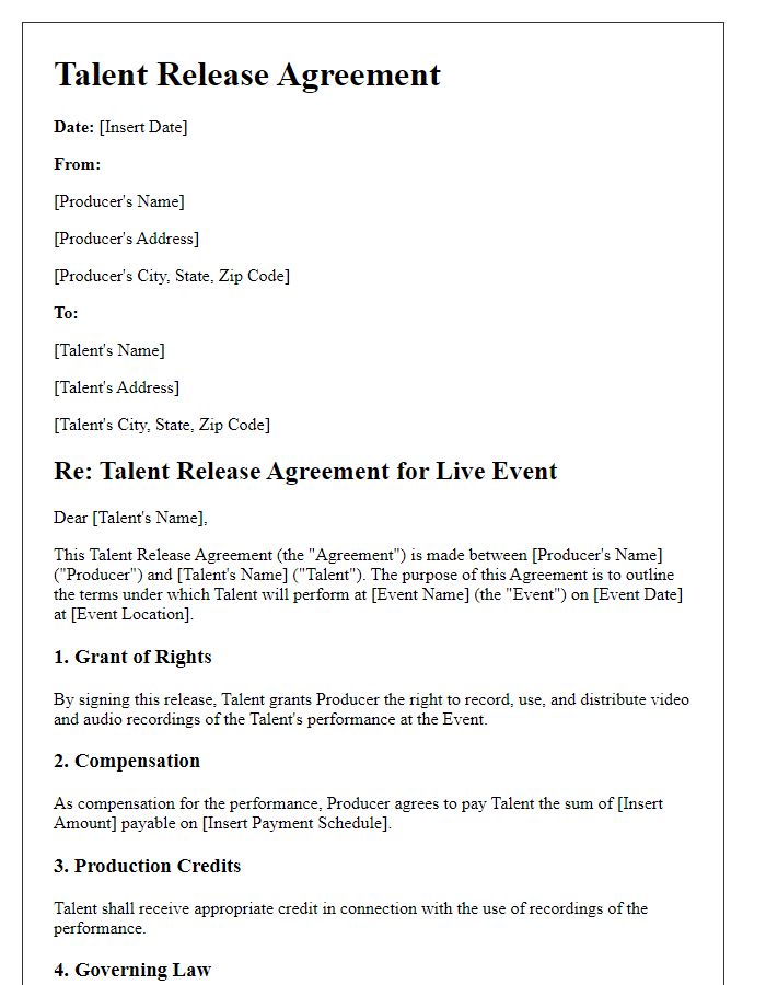 Letter template of Talent Release Agreement for Live Events