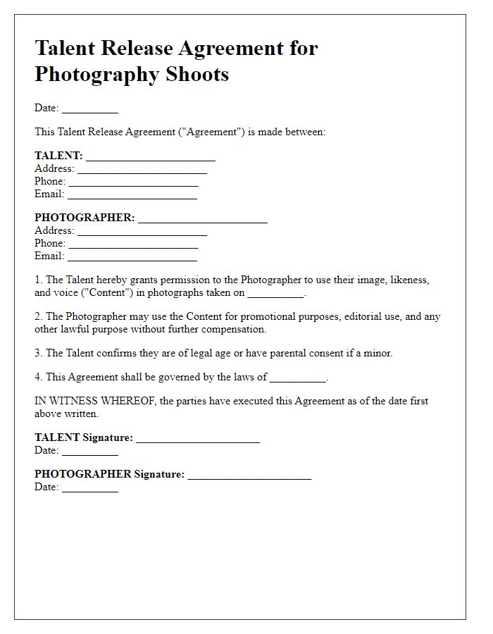 Letter template of Talent Release Agreement for Photography Shoots