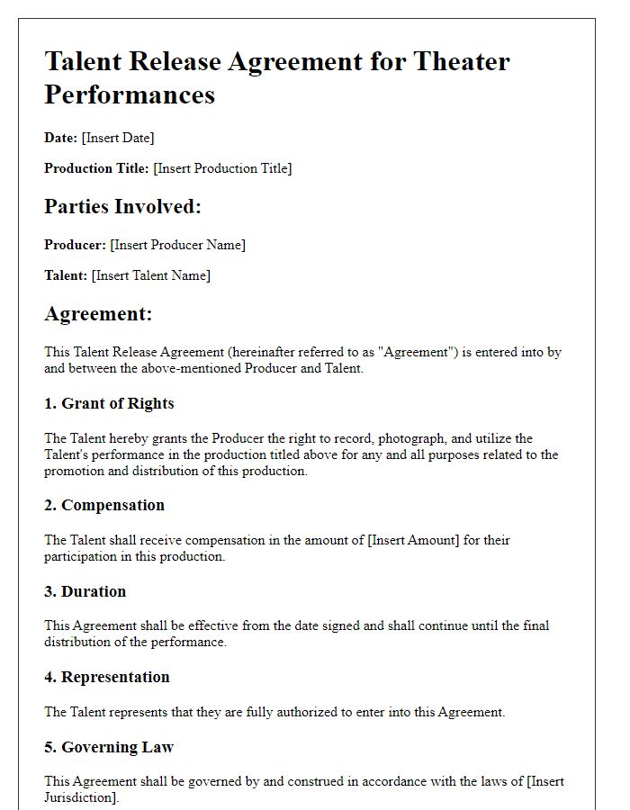 Letter template of Talent Release Agreement for Theater Performances