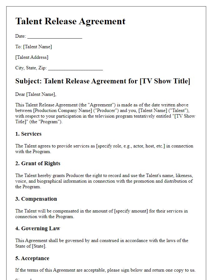 Letter template of Talent Release Agreement for TV Shows