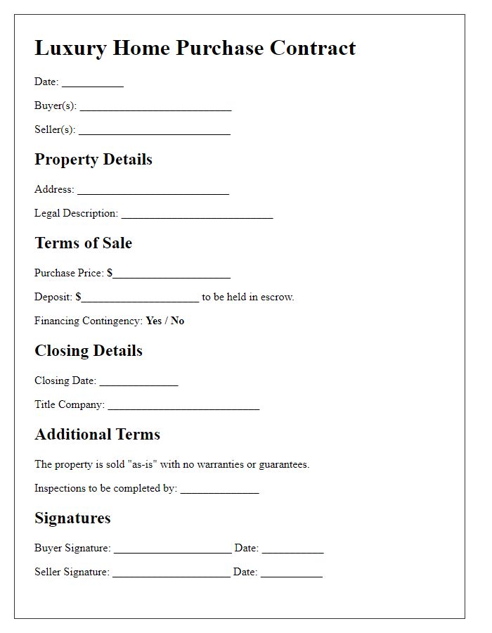 Letter template of luxury home purchase contract