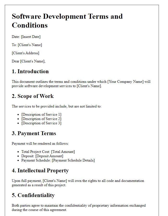Letter template of software development terms and conditions