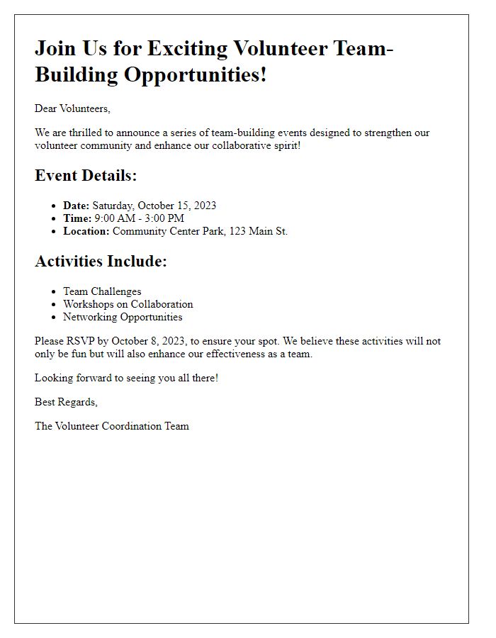 Letter template of announcement for volunteer team-building opportunities