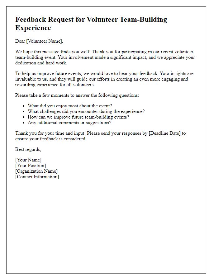 Letter template of feedback request for volunteer team-building experience