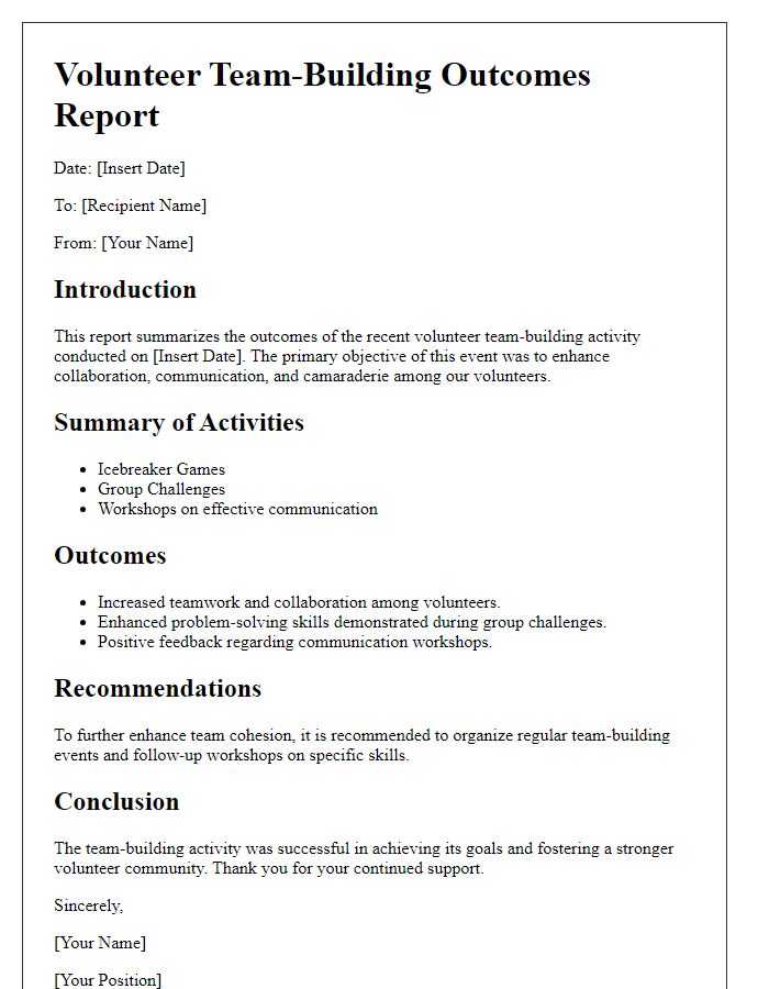 Letter template of report summarizing volunteer team-building outcomes