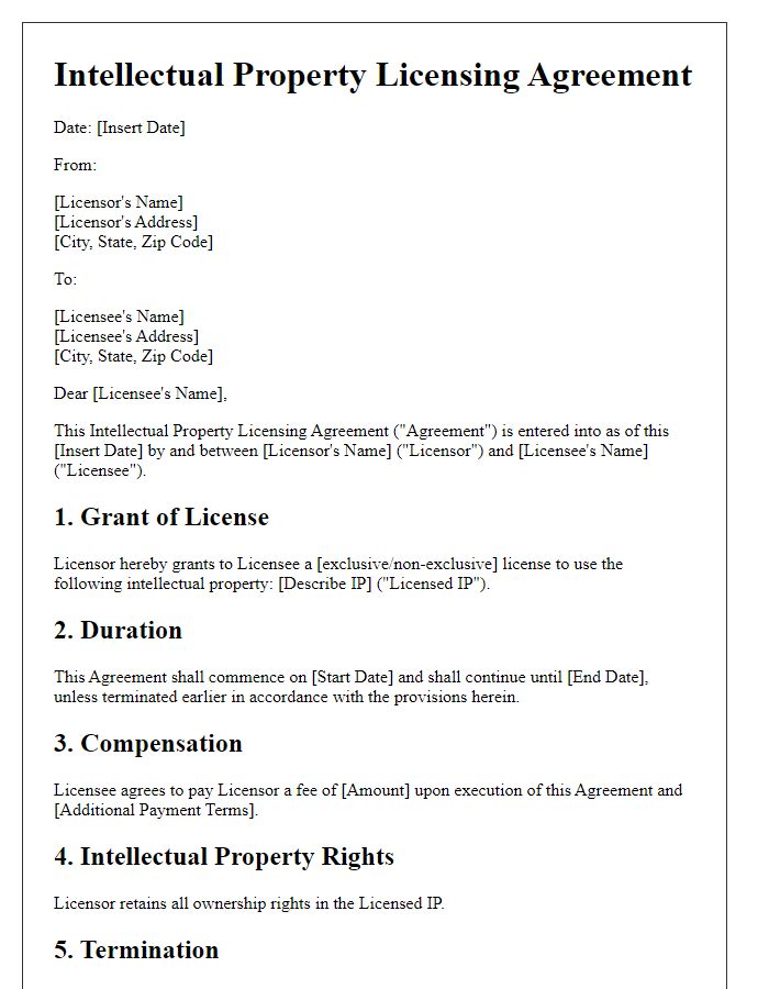 Letter template of Intellectual Property Licensing Agreement