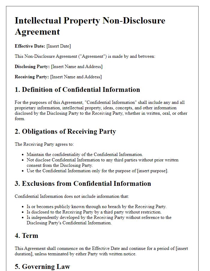 Letter template of Intellectual Property Non-Disclosure Agreement