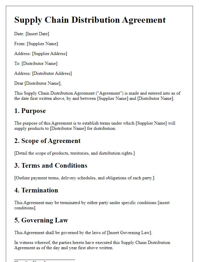 Letter template of supply chain distribution agreement