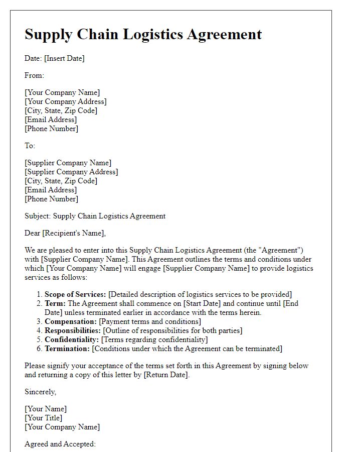 Letter template of supply chain logistics agreement