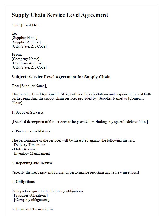 Letter template of supply chain service level agreement