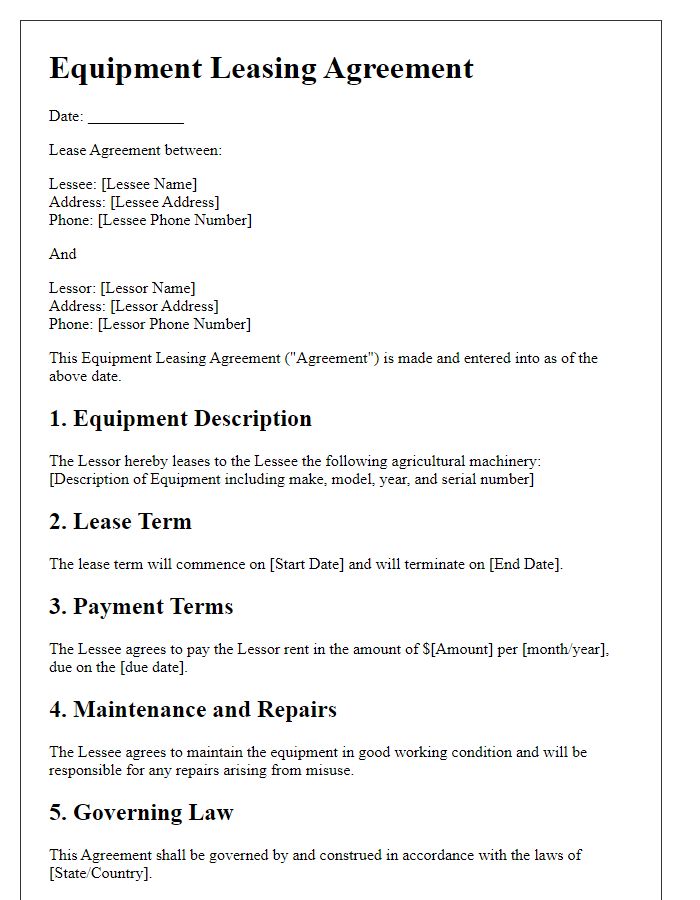 Letter template of equipment leasing agreement for agricultural machinery