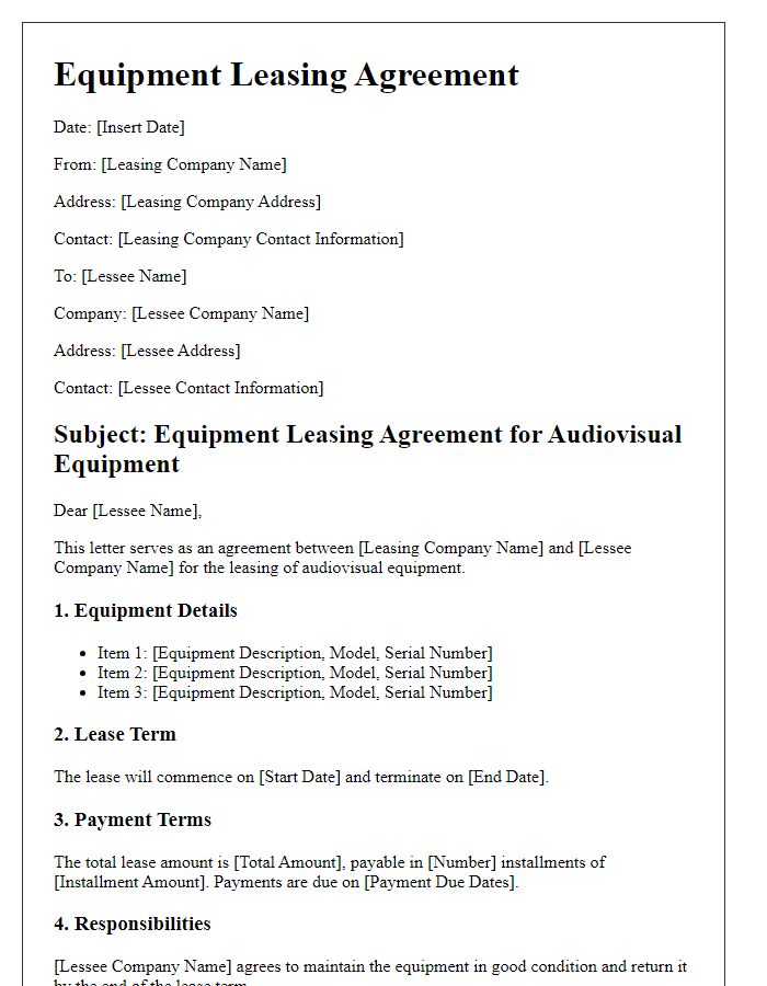 Letter template of equipment leasing agreement for audiovisual equipment