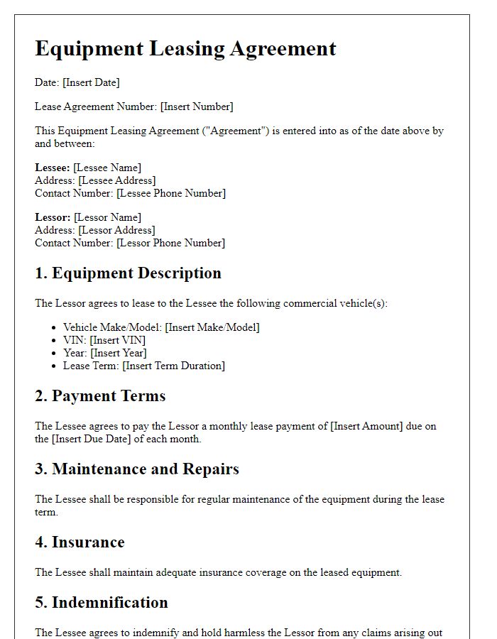 Letter template of equipment leasing agreement for commercial vehicles