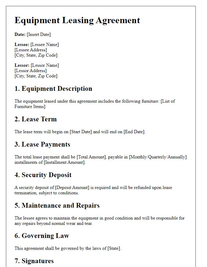 Letter template of equipment leasing agreement for furniture rental