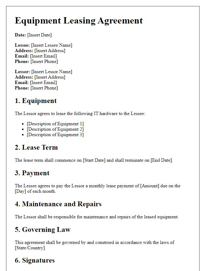 Letter template of equipment leasing agreement for IT hardware