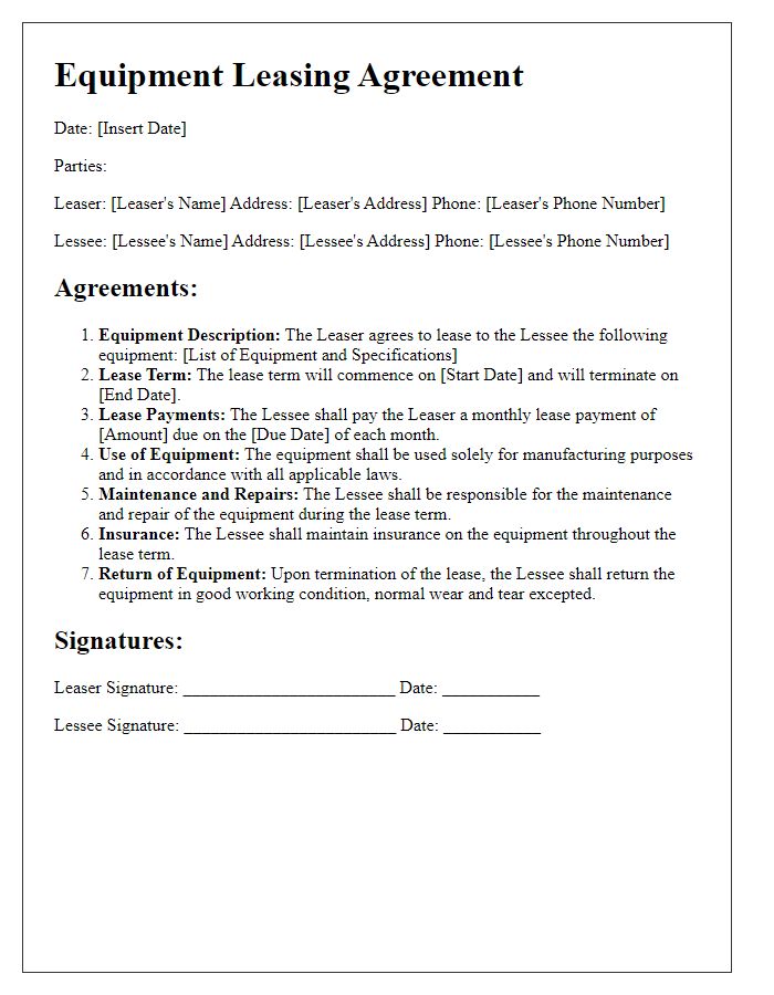 Letter template of equipment leasing agreement for manufacturing tools