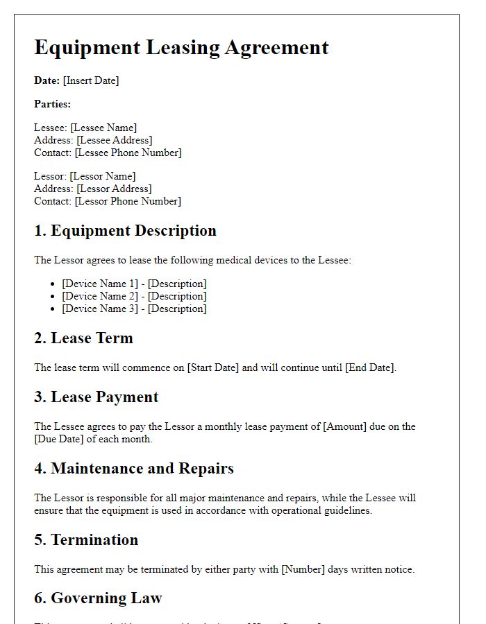 Letter template of equipment leasing agreement for medical devices