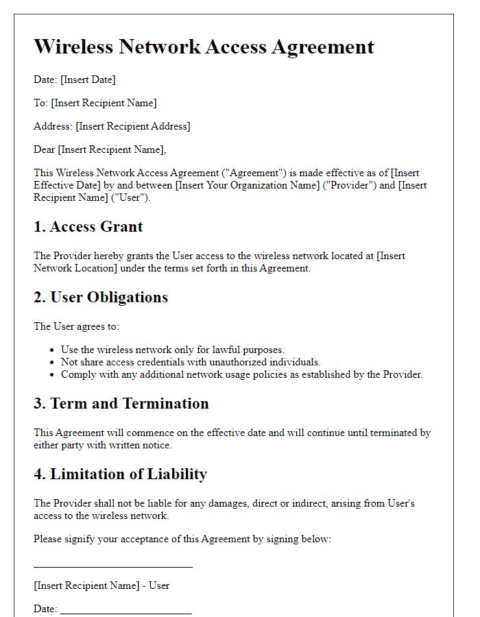 Letter template of Wireless Network Access Agreement