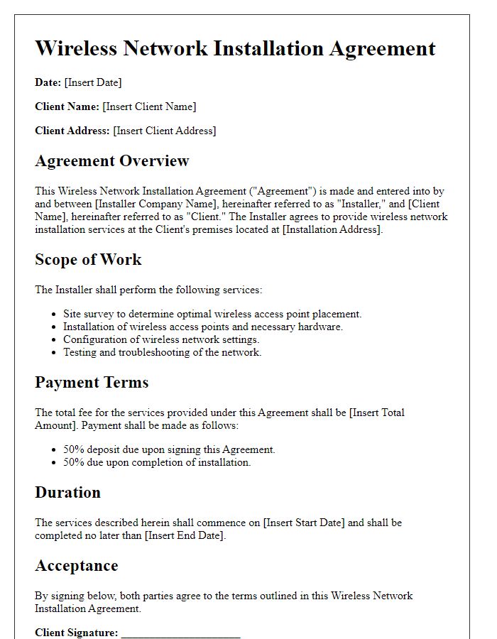 Letter template of Wireless Network Installation Agreement