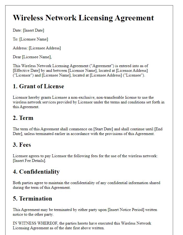 Letter template of Wireless Network Licensing Agreement