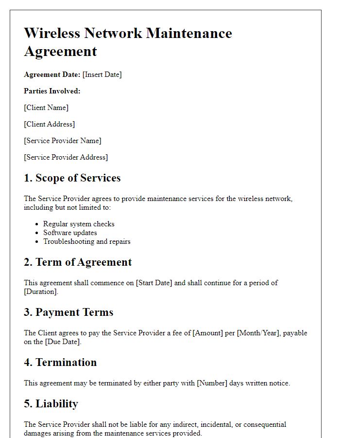 Letter template of Wireless Network Maintenance Agreement