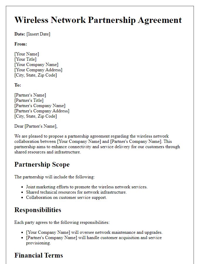 Letter template of Wireless Network Partnership Agreement