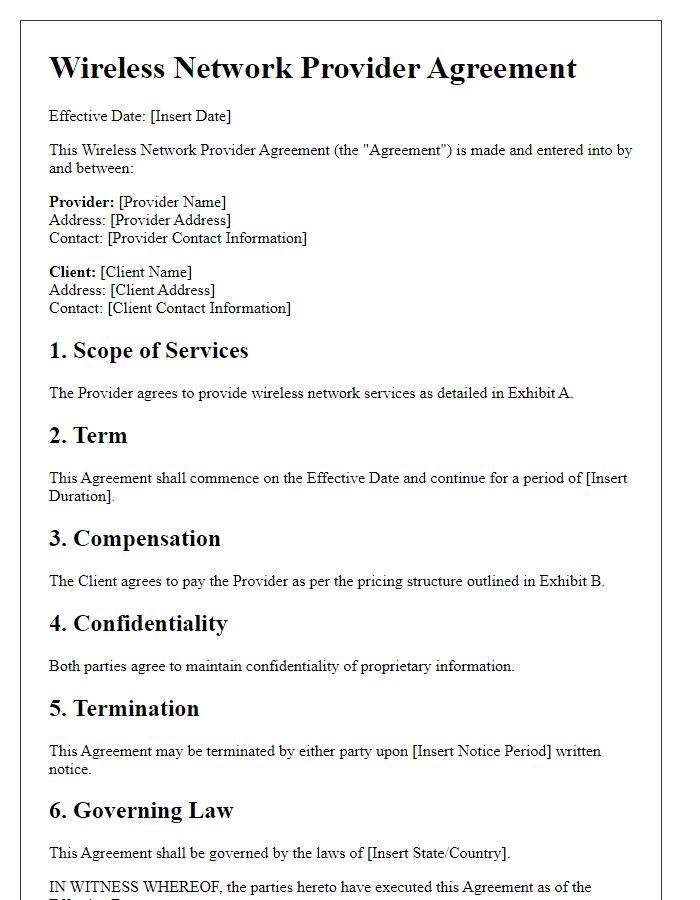 Letter template of Wireless Network Provider Agreement