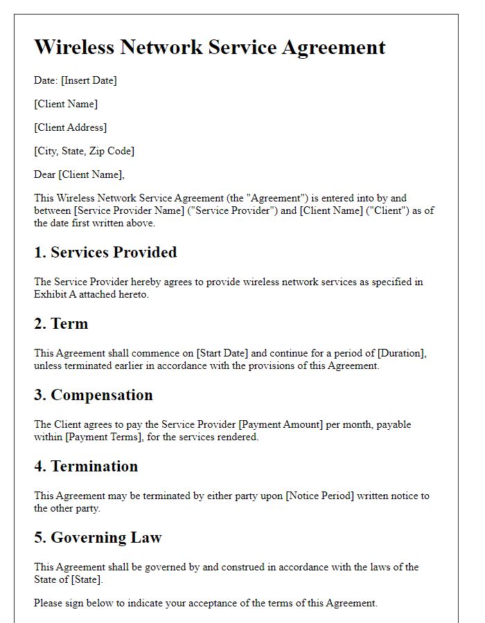 Letter template of Wireless Network Service Agreement