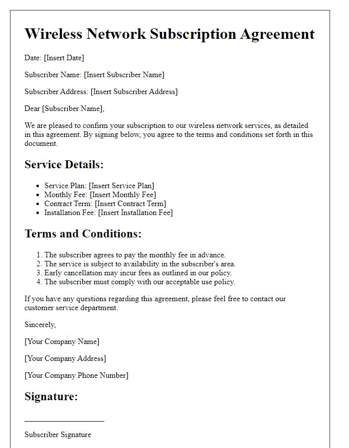 Letter template of Wireless Network Subscription Agreement