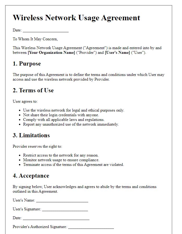 Letter template of Wireless Network Usage Agreement