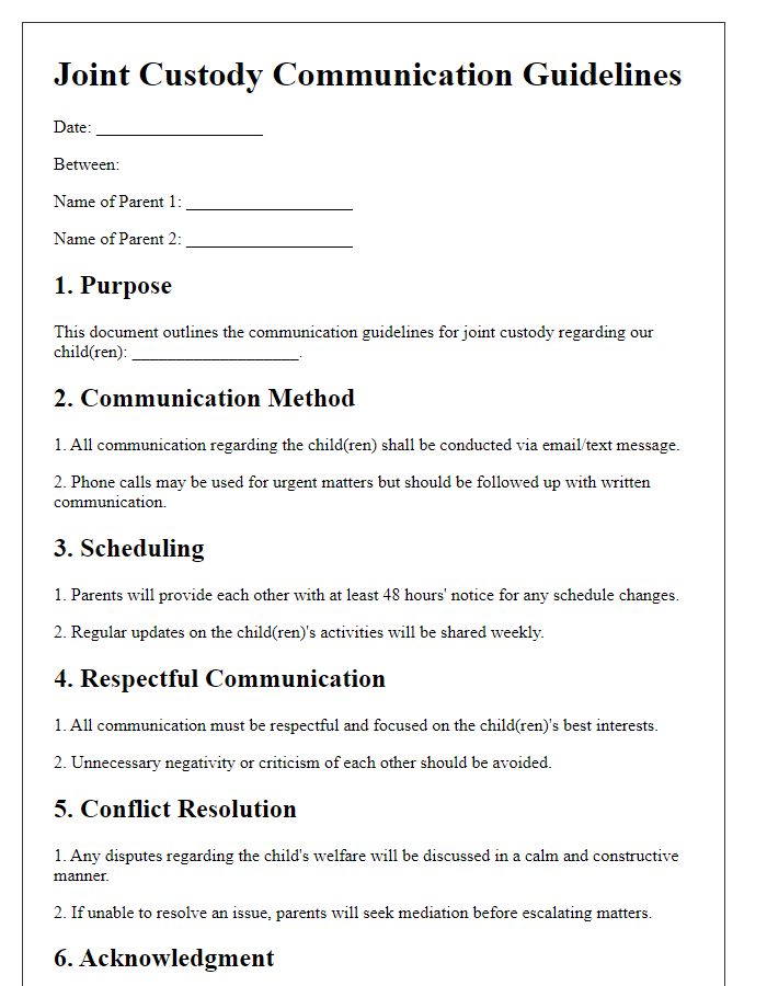 Letter template of joint custody agreement for communication guidelines