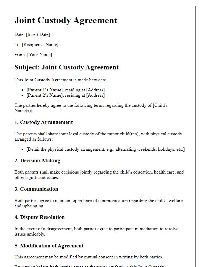 Letter template of joint custody agreement for divorced couples