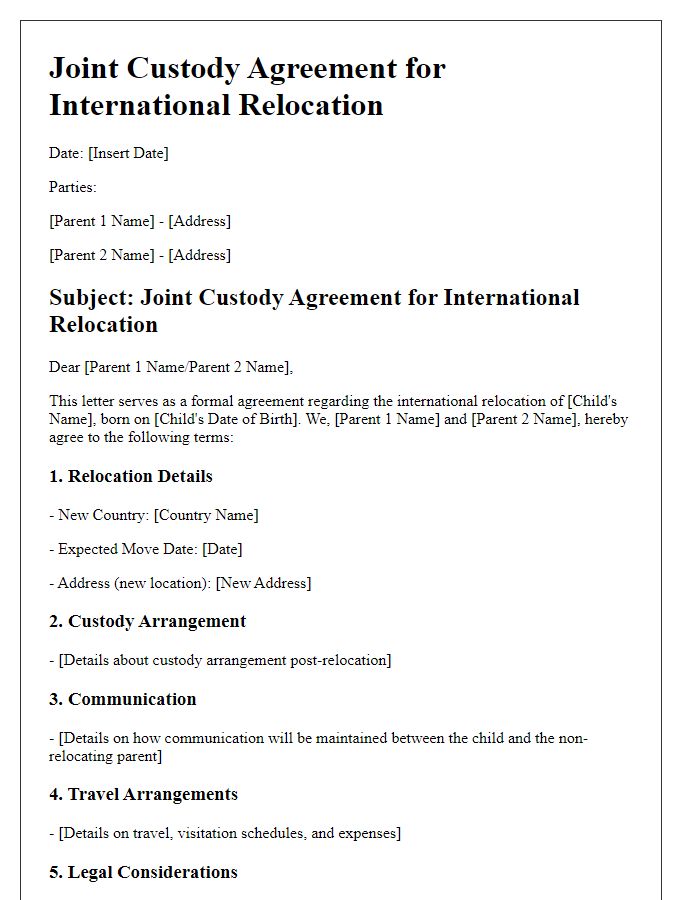 Letter template of joint custody agreement for international relocation