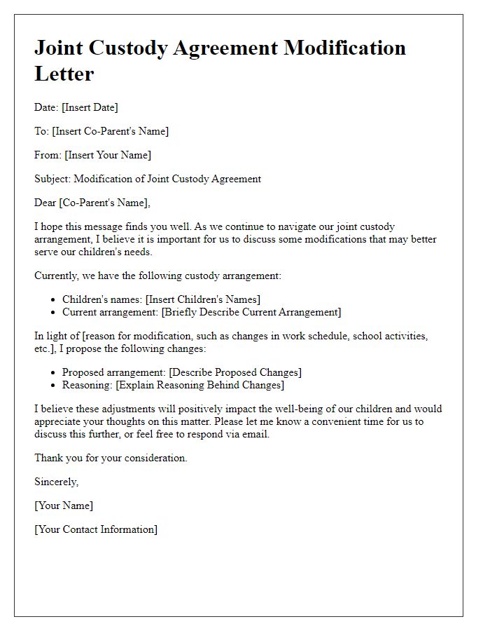 Letter template of joint custody agreement for modifying existing arrangements