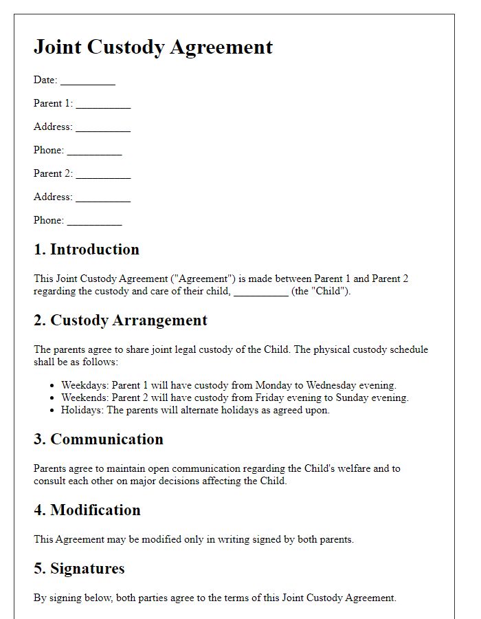 Letter template of joint custody agreement for parents